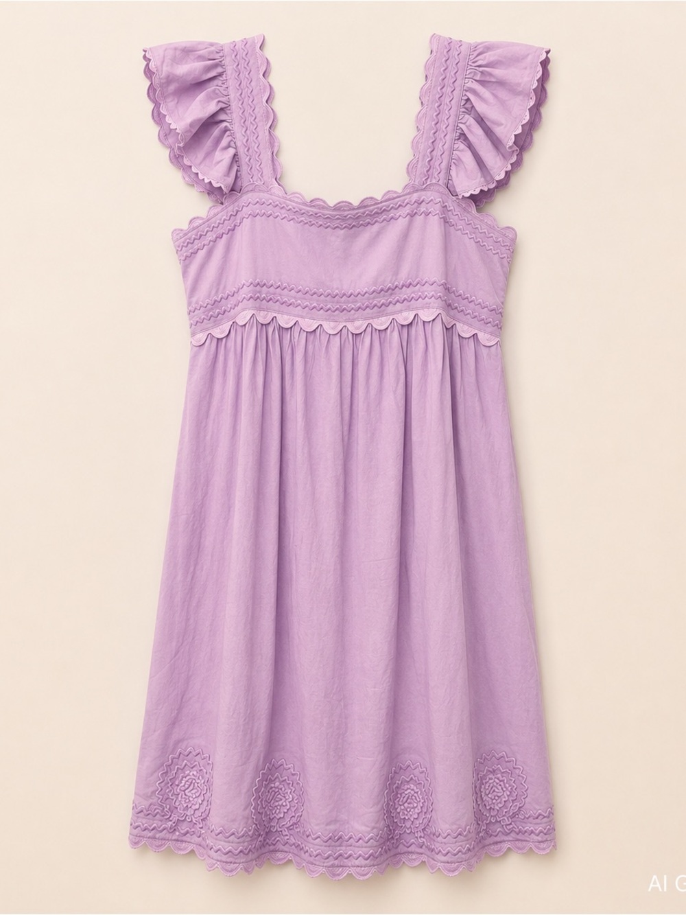 J. Marie Square-Neck Lilac Embroidered Mini Linen Blend Dress - Picture 2 of 9